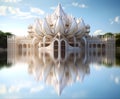 Palace in a shape of a lotus reflected around in a pond. Generative AI.