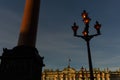 Palace square. Facade of the Winter Palace, house of the Hermitage Museum, Alexander Column and working flashlight in St. Petersbu Royalty Free Stock Photo