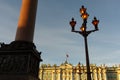 Palace square. Facade of the Winter Palace, house of the Hermitage Museum, Alexander Column and working flashlight in St. Petersbu Royalty Free Stock Photo