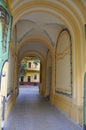 Palace Stern entrance passage architecture from Republicii Avenue of Oradea City in Romania.