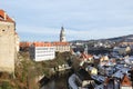 Palace with tower above river Vltava in Cesky Krumlov Royalty Free Stock Photo