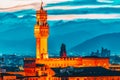Palace Vecchio Palazzo Vecchio in Piazza della Signoria, built in 1299-1314 ,one of the most famous buildings of the city. Night Royalty Free Stock Photo