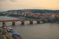 Palackeho Bridge on the Vltava river in Prague, Czech Republic. View from the top of the Dancing House. Summer evening.