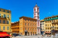 Palais Rusca Palace and Tour de l\'Horloge clock tower at Place du Palais de Justice Palace square in Nice in Frnce Royalty Free Stock Photo