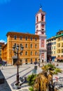 Palais Rusca Palace and Tour de l\'Horloge clock tower at Place du Palais de Justice Palace square in Nice in France