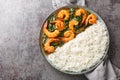 Palak Prawn made of spinach, cream, spices, tomato and ginger served with rice closeup on the plate. Horizontal top view Royalty Free Stock Photo