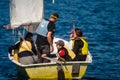 Palamos, Catalonia, may 2016: children learning to sail on yacht Royalty Free Stock Photo