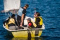 Palamos, Catalonia, may 2016: children learning to sail on yacht Royalty Free Stock Photo