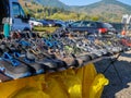 Used, labour safety shoes for sale at local flea market. Royalty Free Stock Photo