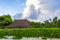 Palapa roof resort in tropical beach Playa del Carmen Mexico Royalty Free Stock Photo