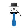 Black mustache, lorgnette, hat and blue tie on white background