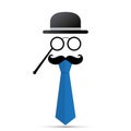 Black mustache, lorgnette, hat and blue tie on white background