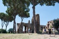 Palatine hill with ancients ruins. Old roman historic architecture. Palatino Roma.