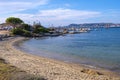 Palau, Italy - Panoramic view of touristic yacht port and marina - Porto Turistico Palau - with city beach and at the Costa