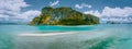 Palawan, Philippines. Aerial drone panoramic view of sandbar with lonely tourist boat in turquoise coastal shallow Royalty Free Stock Photo