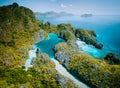 Palawan, Philippines aerial drone view of turquoise lagoon and limestone cliffs. El Nido Marine Reserve Park Royalty Free Stock Photo