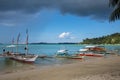 Palawan, the Philippines - 24 November 2018: turquoise sea lagoon and boats. Sunny tropical island landscape