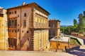 Palazzo Pitti, Florence, Italy. Boboli gardens in Florence, a couple walking in an arched path. View of Florence from Boboli Royalty Free Stock Photo