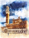 Palazzo Pubblico Town Hall in Siena Tuscany, Italy on a bright blue sky.