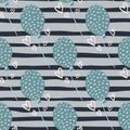 Pale blue balloons seamless doodle pattern. Heart outline silhouettes on stripped background with grey lines Royalty Free Stock Photo