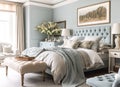 Pale blue bedroom decor, interior design and holiday rental, bed with elegant bedding and furniture, English country house and Royalty Free Stock Photo