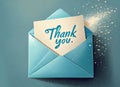 A pale blue envelope is open with a piece of paper having Thank you coming out to show appreciation for receipt of a gift or favor Royalty Free Stock Photo