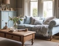 Pale blue sitting room decor, interior design and house improvement, living room furniture, sofa and home decor in country house