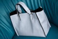 Pale blue women's genuine leather shopper bag. Royalty Free Stock Photo