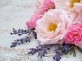 Pale and bright roses and provence lavender bouquet Royalty Free Stock Photo