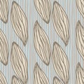 Pale brown contoured seamless pattern. Creative botanic print with blue stripped background