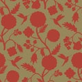 Pale Carmine Flower And Hummingbird Silhouettes On Olive Green Background. Large Scale Seamless Pattern.