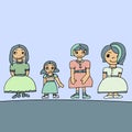 Pale colored set of four cute graphic hand drawn girls