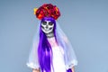 Ghost of past, angry abandoned bride looks reproachfully Mexican holiday of dead Royalty Free Stock Photo