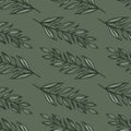 Pale dark foliage silhouettes seamless pattern. Vintage branches on simple print in green tones