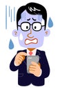 A pale expression of a businessman wearing glasses operating a smartphone