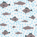 Pale fish stylized sea seamless pattern. White background with blue bubbles. Simple plankton marine backdrop