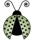 Pale Green Ladybug with Curly Antena and Polka Dot Wings Illustration on White Background with Clipping Path