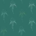 Pale Iris flowers on a green background. Simple seamless pattern.