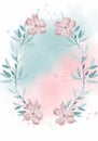 Pale leaves and doodle flowers - vertical botanical design banner. Floral pastel watercolor border frame