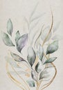 Pale leaves with golden ornaments - botanical design banner. Floral pastel watercolor border frame Royalty Free Stock Photo