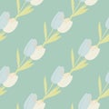 Pale light seamless doodle pattern with tulip flowers. Diagonal botanic ornament with blue and white buds on pale turquoise