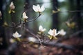 pale magnolia flowers against a dark forest background Royalty Free Stock Photo