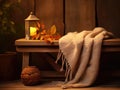 Autumn Repose: Rustic Wooden Bench, Hand-Knitted Blanket, and Lantern Amidst Vibrant Leaves on a Pale Olive Canvas