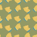 Pale orange bear head characters seamless pattern in doodle style. Pastel green olive background