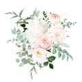 Pale pink and dusty rose, ivory white peony, beige dahlia, nude pink ranunculus, eucalyptus vector design bouquet.