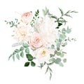 Pale pink and dusty rose, ivory white peony, beige dahlia, nude pink ranunculus, eucalyptus vector design bouquet.