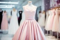 Pale pink long formal dress, elegant prom party, wedding dress on mannequin in luxury shop boutique. Prom gown, wedding Royalty Free Stock Photo