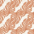 Pale pink monstera foliage silhouettes seamless pattern with light striped background