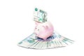 Pink piggy bank with a banknote inserted in the slot in a financial planning, savings and investment concept