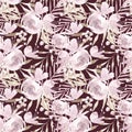 Pale pink roses and peonies with gray leaves on burgundy background. Seamless pattern. Romantic garden flowers Royalty Free Stock Photo